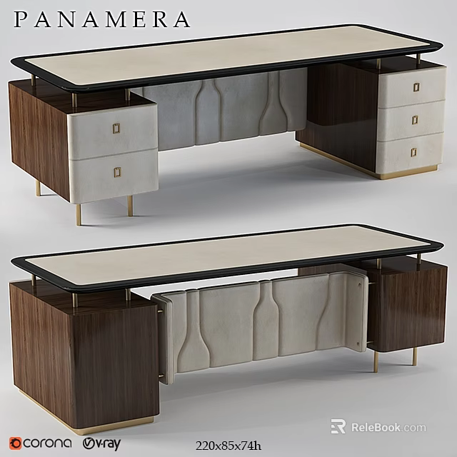 Modern Functional Desk with Walnut Drawers Leather Panel Gold Legs and Storage Solutions 3d model 
