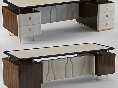 Modern Functional Desk with Walnut Drawers Leather Panel Gold Legs and Storage Solutions 3d model