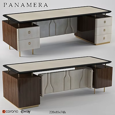 Modern Functional Desk with Walnut Drawers Leather Panel Gold Legs and Storage Solutions 3d model