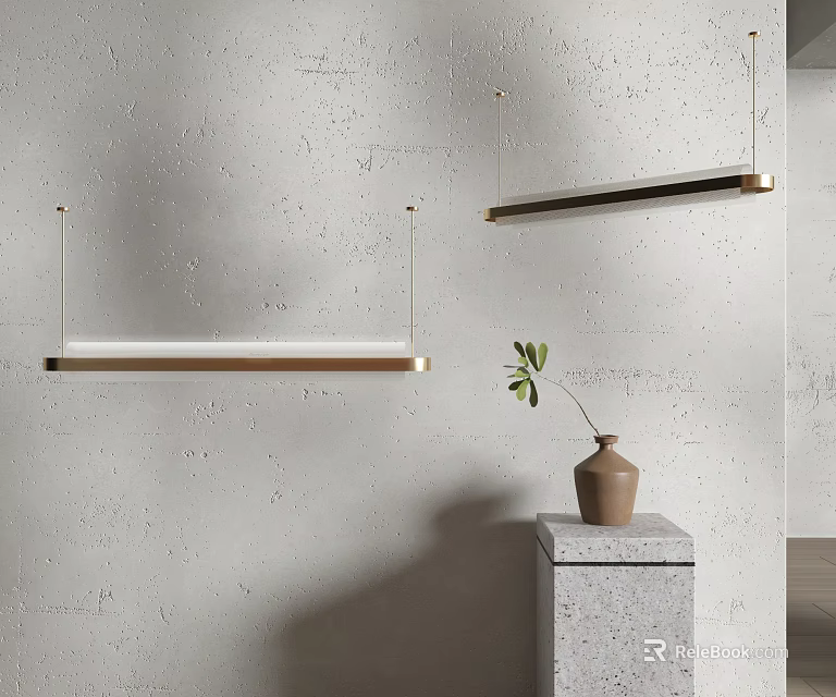 Modern Linear Pendant Lights Hanging In Minimalist Interior With Concrete Wall And Green Plant 3d model 