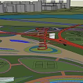 Urban Park Landscape With River Green Trees Red Bridge Winding Paths And Distant Buildings