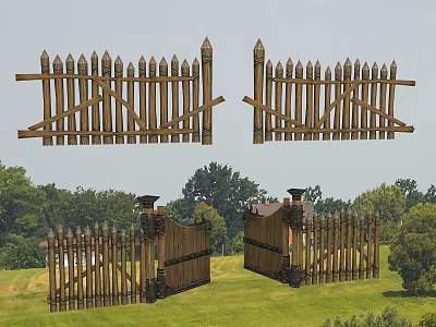Wooden Fence Gate With Spiked Tops And Decorative Design In Grassland With Trees 3d model