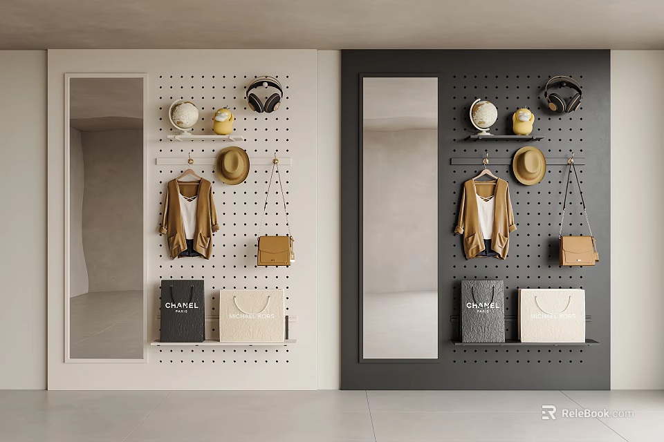 Modern Pegboard Wall Decor With Hanging Hats Bags And Coats For Home Organization 3d model 