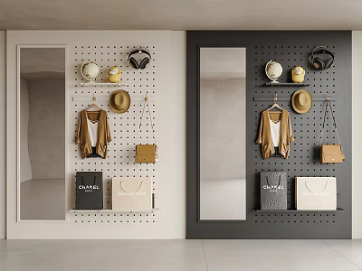 Modern Pegboard Wall Decor With Hanging Hats Bags And Coats For Home Organization 3d model