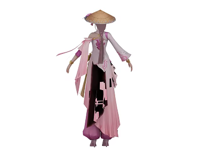 Elegant Game Movie Character In Pink White Robe With Conical Hat And Flowy Sleeves 3d model