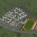 Modern School Buildings On University Campus With Football Field And Green Trees
