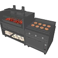 Commercial Kitchen Grills With Burger Patties Red Toppings And Wood Log Storage