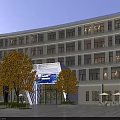 Modern Building Exterior Wall With Large Windows Geometric Archway Digital Screen Spacious Plaza And Greenery