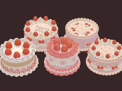 Strawberry Cakes with Fresh Strawberries Happy Topping Cream and Lace Edges 3d model Strawberry Cakes with Fresh Strawberries Happy Topping Cream and Lace Edges 3d model