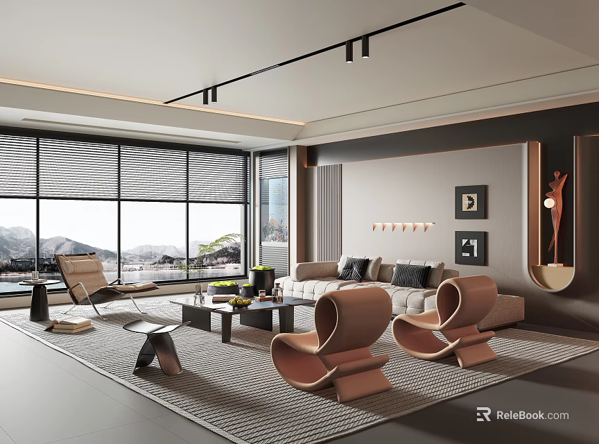 Modern Living Room Interior With Large Windows Mountain View Beige Sofa And Unique Chairs 3d model 