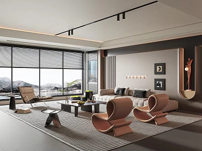 Modern Living Room Interior With Large Windows Mountain View Beige Sofa And Unique Chairs 3d model