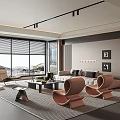 Modern Living Room Interior With Large Windows Mountain View Beige Sofa And Unique Chairs