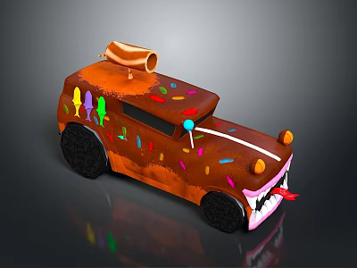 Creative Chocolate Car Model with Colorful Sprinkles Black Wheels and Hot Dog on Roof 3d model