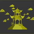Cartoon Scene Featuring Red Chinese Pavilion Surrounded by Floating Red Clouds Against Gray Background