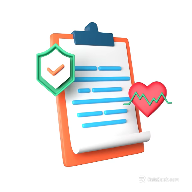 Clipboard Notebook With Green Shield Check Mark Red Heart ECG Line And Blue Lines 3d model 