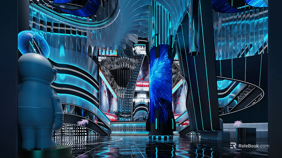 Futuristic KTV Interior Design With Blue Lighting Decorative Pillars And Reflective Floors 3d model 