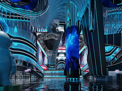 Futuristic KTV Interior Design With Blue Lighting Decorative Pillars And Reflective Floors 3d model