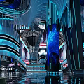 Futuristic KTV Interior Design With Blue Lighting Decorative Pillars And Reflective Floors