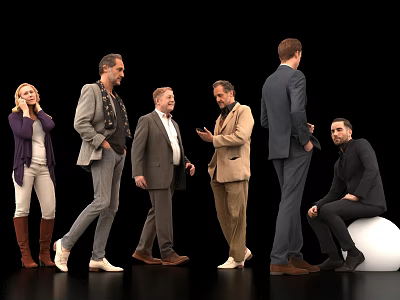 Group of people in various casual and formal outfits standing and sitting together 3d model
