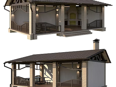 Detached Villa With Gabled Roof Front Porch Brick Exterior And Wooden Railings 3d model