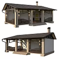 Detached Villa With Gabled Roof Front Porch Brick Exterior And Wooden Railings