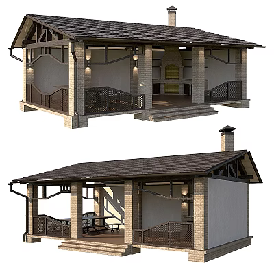 Detached Villa With Gabled Roof Front Porch Brick Exterior And Wooden Railings 3d model