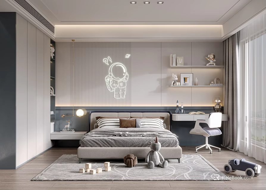 Cozy Kids Bedroom Design With Bed Desk Chair Astronaut Decor And Toy Car 3d model 