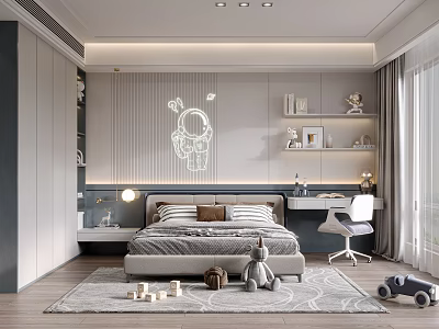 Cozy Kids Bedroom Design With Bed Desk Chair Astronaut Decor And Toy Car 3d model