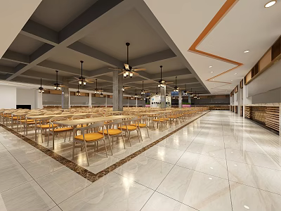 Spacious Cafeteria Interior With Neatly Arranged Yellow Tables Chairs Ceiling Lights And Marble Floor 3d model