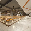 Spacious Cafeteria Interior With Neatly Arranged Yellow Tables Chairs Ceiling Lights And Marble Floor