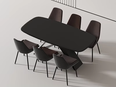 Modern Black Oval Dining Table Set With Six Dark Chairs And Black Legs 3d model