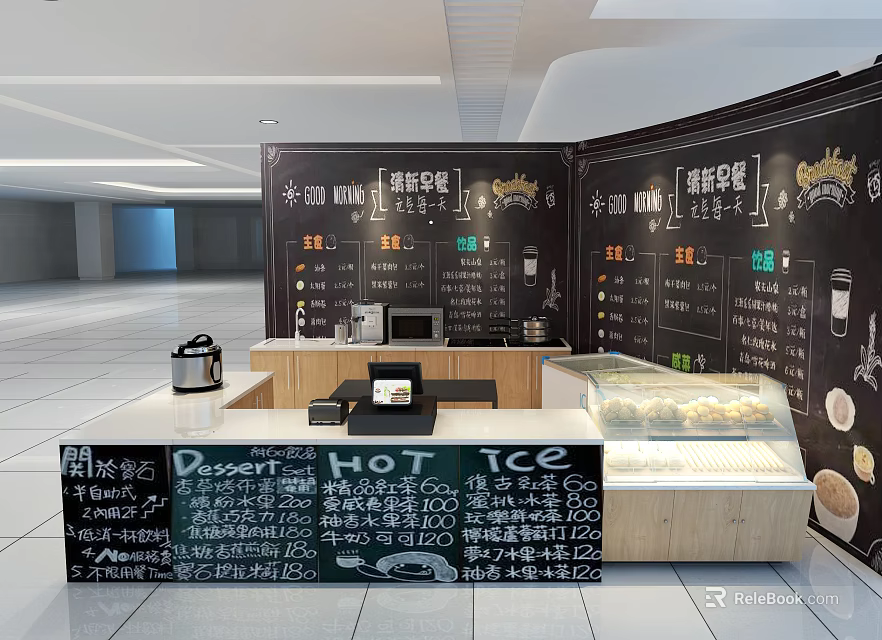Modern Restaurant Interior With Menu Boards Dessert Hot Ice Drinks Counter And Display Case 3d model 