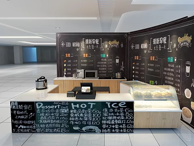 Modern Restaurant Interior With Menu Boards Dessert Hot Ice Drinks Counter And Display Case 3d model