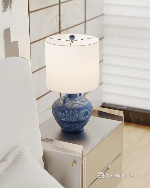 Modern Table Lamp with Blue Textured Base and White Lampshade on Silver Bedside Table 3d model