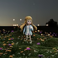 Cartoon Girl With Blonde Hair Standing In Grass Surrounded By Colorful Flowers And Glowing Lights