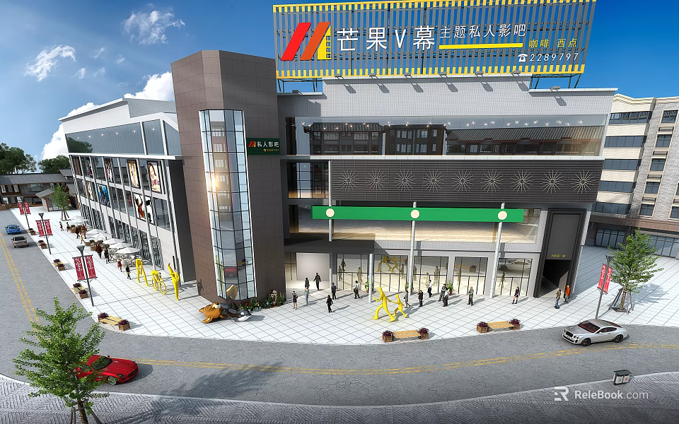 Modern Commercial Street With Multi storey Building Glass Curtain Wall Shops And Pedestrians 3d model 