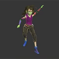 Dynamic Female Character with Blue Pink Gradient Hair Wearing Black Sportswear and Colorful Armbands Jumping