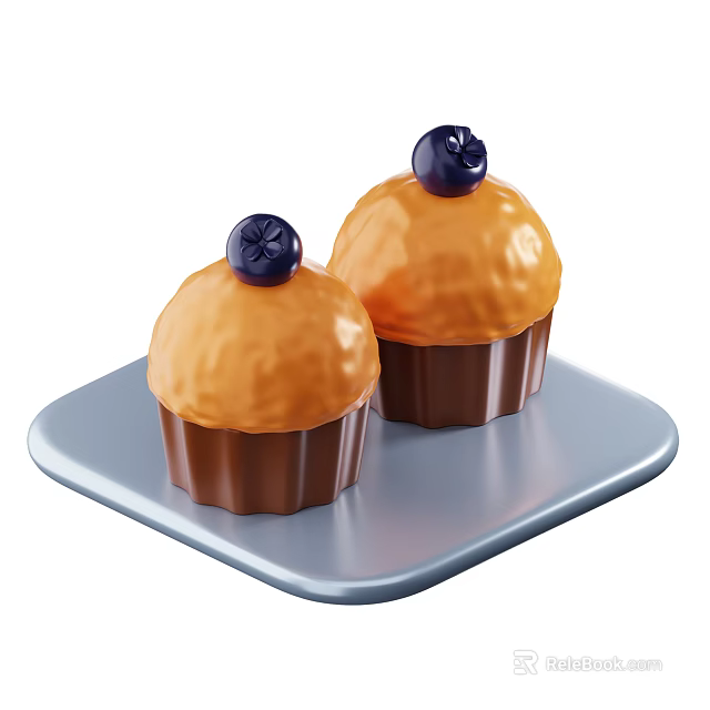 Fresh Golden Cupcakes Topped With Blueberries On A Gray Tray 3d model 