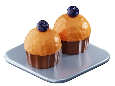 Fresh Golden Cupcakes Topped With Blueberries On A Gray Tray 3d model