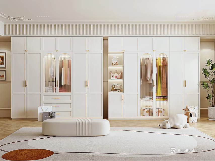 Modern White Wardrobe Interior Design With Open Shelves Drawers And Mirror 3d model