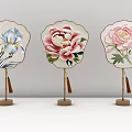 Three Fan Shaped Floral Ornament Decoration Set With Wooden Bases And Tassels