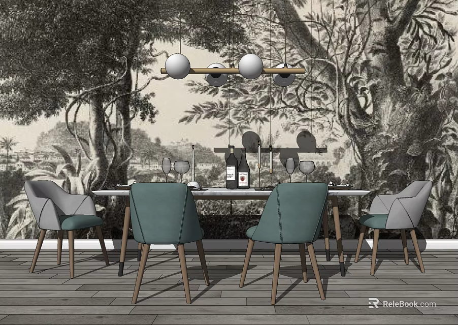 Elegant Dining Table Set With Teal Gray Chairs Forest Mural And Pendant Lights 3d model 
