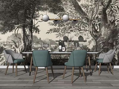 Elegant Dining Table Set With Teal Gray Chairs Forest Mural And Pendant Lights 3d model