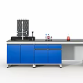 Laboratory Lab Bench With Blue Cabinets Black Countertop Faucet Reagent Bottles And Erlenmeyer Flasks