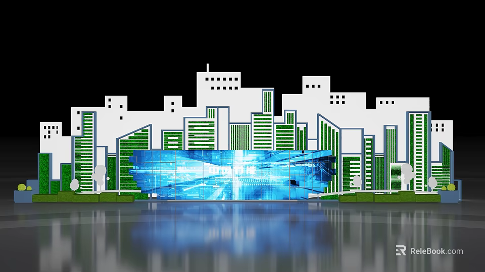 Modern Cityscape Featuring Central Blue Glowing Glass Building And Water Reflection 3d model 