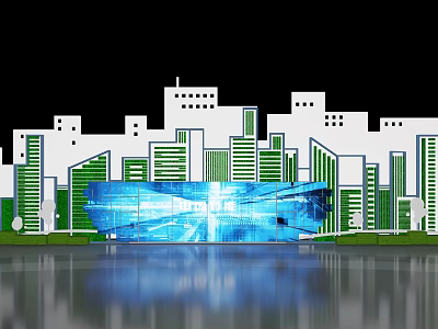 Modern Cityscape Featuring Central Blue Glowing Glass Building And Water Reflection 3d model