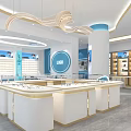 Optical Store Interior With White Display Counters Blue Decor Logo And Modern Pendant Lights 3d model