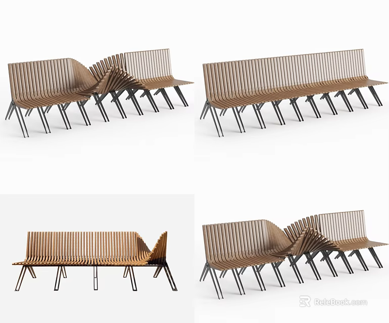 Modern Wooden Slatted Landscape Seating With Metal Legs For Outdoor Public Areas 3d model 