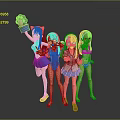 Four Anime Style Game and Movie Characters with Various Outfits and Cat Paw Gloves
