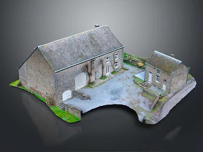 Traditional Stone Cottage Featuring Slate Roof Multiple Windows Courtyard And Green Grass Area 3d model